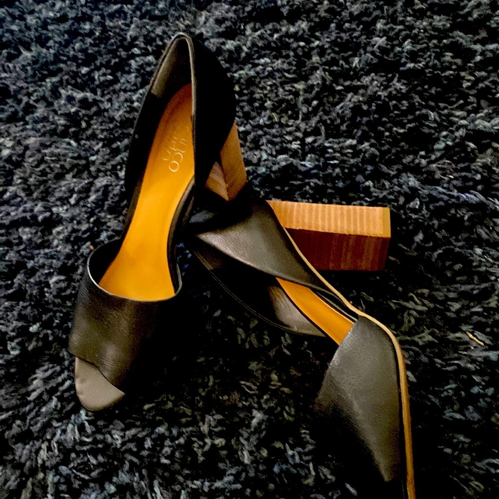 Black leather open toe heels